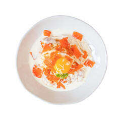Delicious salmon bowl with egg in a bright restaurant setting