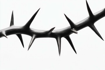 Black and white close up of a thorny branch, symbolizing pain, struggle, and resilience in nature, showcasing sharp thorns against a soft background