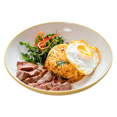 Delicious fried rice with steak and egg restaurant setting food photography culinary delight