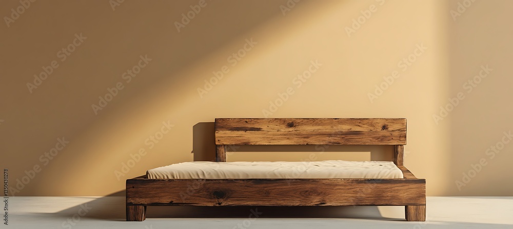 Poster a simple and beautiful wooden bed frame positioned on the left with a light brown background and bla