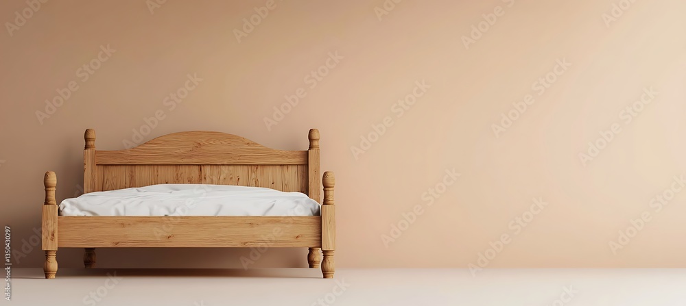 Poster a simple and beautiful wooden bed frame positioned on the left with a light brown background and bla