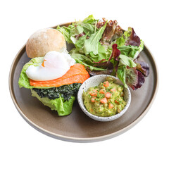 Fresh salmon salad with avocado healthy dining modern kitchen vibrant atmosphere