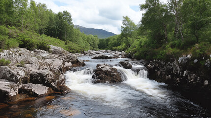 Rocky Riverbank with Clear Water Cascading Over Smooth Stones, Surrounded by Lush Green Foliage Under a Partly Cloudy Sky