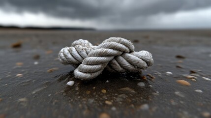 Knotted rope on wet beach