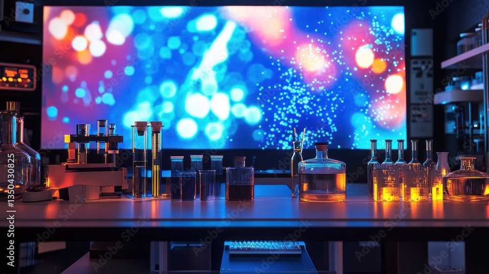Poster a live science experiment show with lab equipment projections.