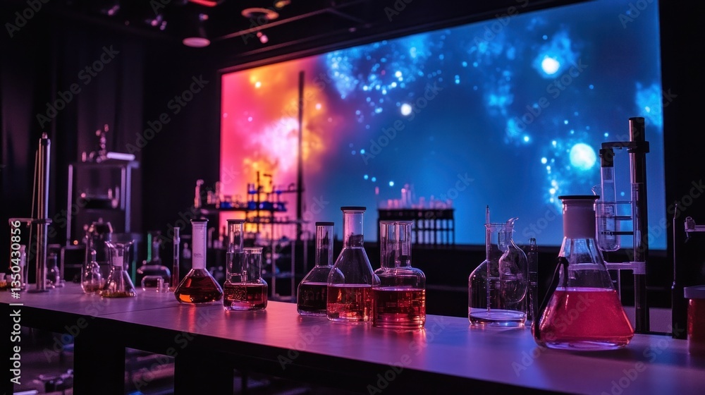 Poster a live science experiment show with lab equipment projections.