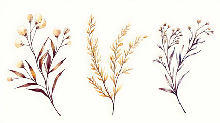 Watercolor autumnal floral sprigs, isolated on white, for design elements and fall stationery