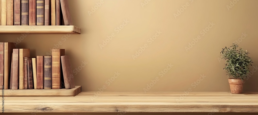 Poster a stunning wooden bookshelf on the left with a plain soft brown background and space on the right fo