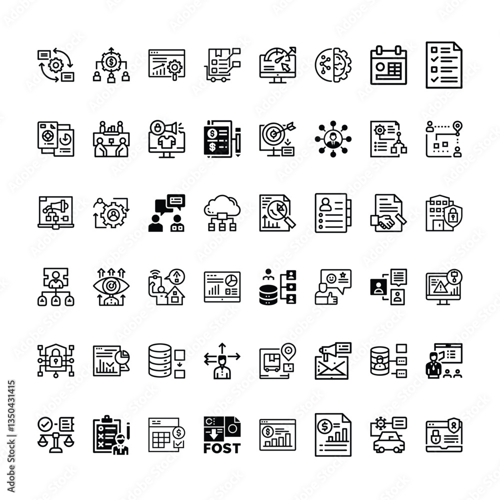 Poster management related icons set with various symbols and elements in a doodle style