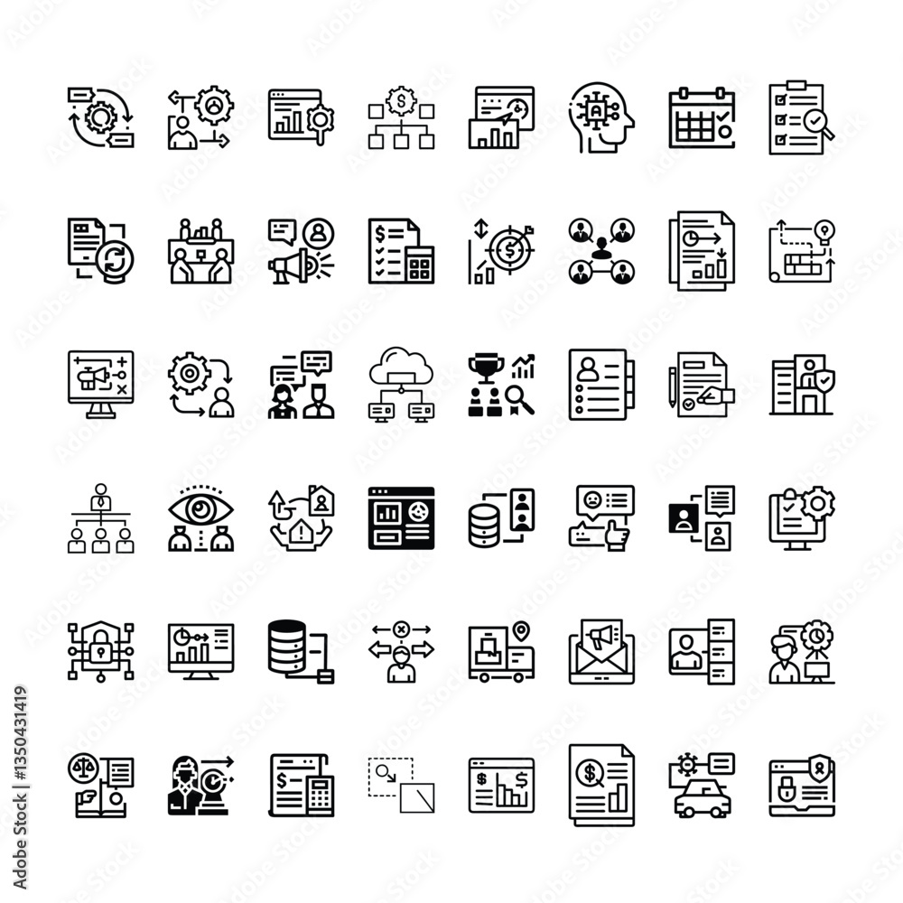 Poster management related icons set with various symbols and elements in a doodle style