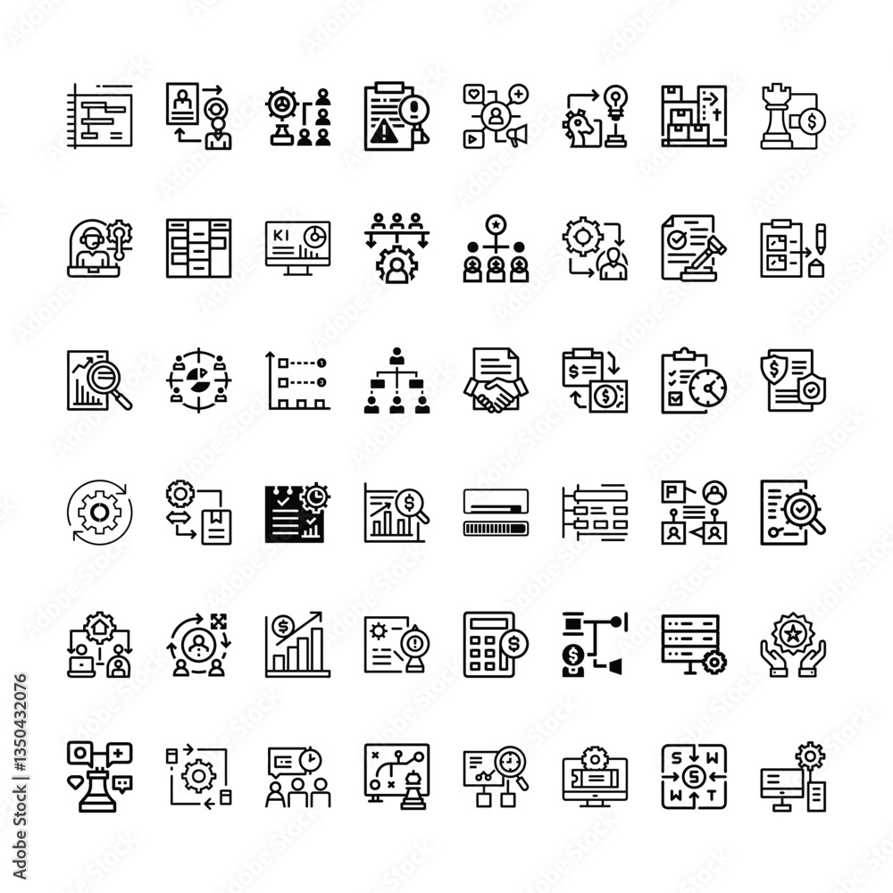 Poster management related icons set with various symbols and elements in a doodle style