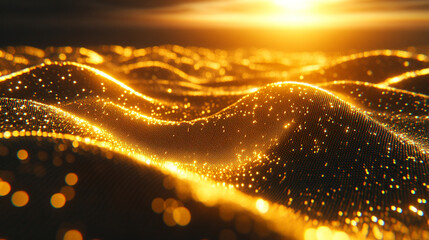 A vibrant glowing wave flows through abstract particles, symbolizing the essence of change and expansion, representing dynamic movement and growth in a modern, evolving world.

