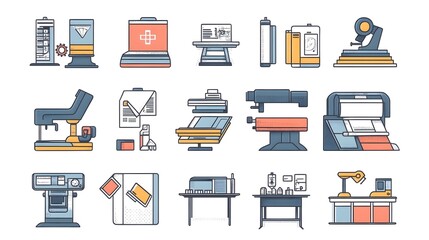 Printing Works Line Design Icons Set Cartoon Vector Illustration for Graphic Design Projects