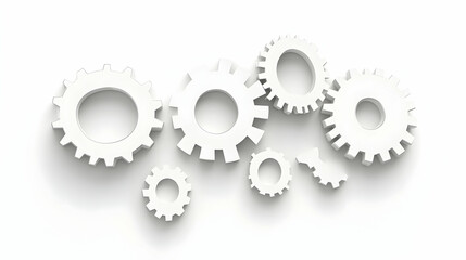 White gears interlock on white background; teamwork, collaboration, mechanism concept; website banner