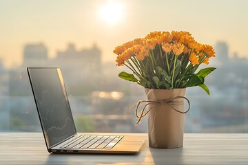 Sunset Cityscape: Laptop for Flowers, Desk.