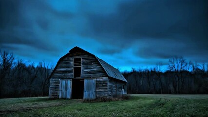 Old barn in the field, old abandoned horror house in the woods with clouds passing by, spooky horror movie Halloween scene with abandoned farm in the jungle generative AI