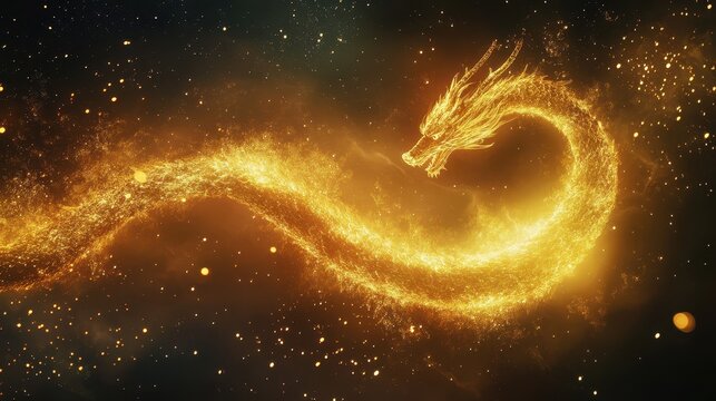 Glowing mystical Chinese dragon soars above vibrant New Year festival, illuminating the night sky with ethereal energy and sparks in a breathtaking display