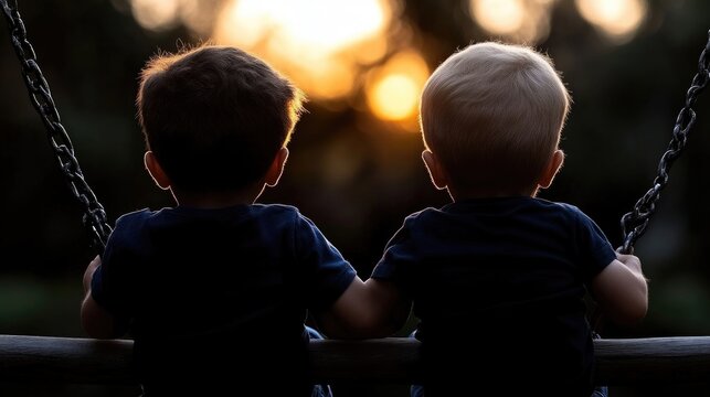 Two young boys on a swing, bathed in golden sunset light. Their backs are to the camera, hands clasped together