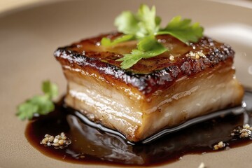 Glazed Pork Belly Appetizer with Sauce and Parsley Garnishing, Close-Up View on Plate