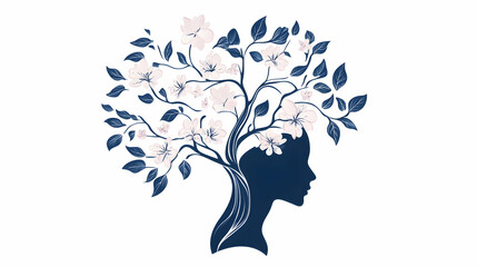 Woman's profile, floral crown, spring blossoms, white background, for wellness design
