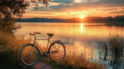 Naklejka premium Bicycle stands quietly by a tranquil lake as the sun sets, casting warm reflections across the water's surface, inviting moments of solitude and peace in nature
