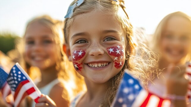 Smiling children celebrating patriotism with face paint and mini flags during a sunny family gathering on 4th of July