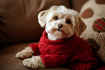 Small dog on a cozy sofa, wearing a warm red sweater in an inviting and warm living space.