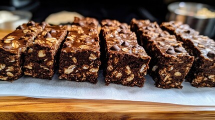 Fototapeta premium Delicious homemade healthy brownie granola bars laid out on a wooden board, showcasing their rich chocolatey texture and appetizing ingredients
