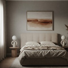 Elegant Minimalist Bedroom – Modern Bed, Abstract Artwork & Sculptural Decor in Soft Natural Ligh