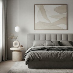 Elegant Minimalist Bedroom – Modern Bed, Abstract Artwork & Sculptural Decor in Soft Natural Ligh