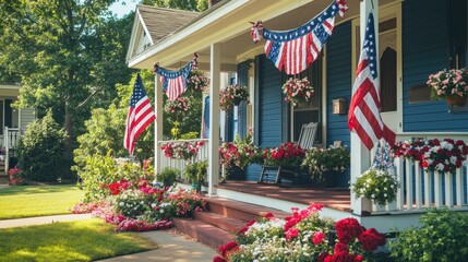 Festive porch adorned with patriotic decor and vibrant flowers captures the essence of American charm in a sunny suburban neighborhood