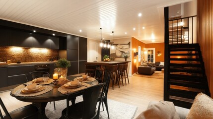 Cozy Scandinavian living room with warm lighting and modern decor, creating an inviting atmosphere perfect for relaxation and social gatherings