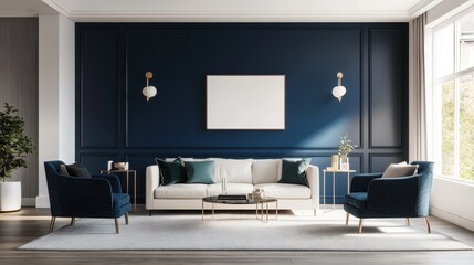 Luxurious living room featuring deep blue walls, dark teal chairs, and elegant gold accents for a modern and sophisticated aesthetic