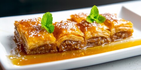 Fototapeta premium Delicious Baklava with Honey Syrup and Mint Garnish on Plate