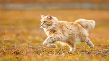 A domestic cat running fast across a field.