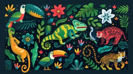 A flat stylized illustration of exotic animals like chameleons, toucans, and jaguars.