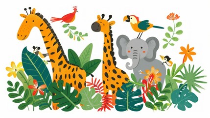 Flat stylized artwork of tropical exotic animals surrounded by vibrant foliage.