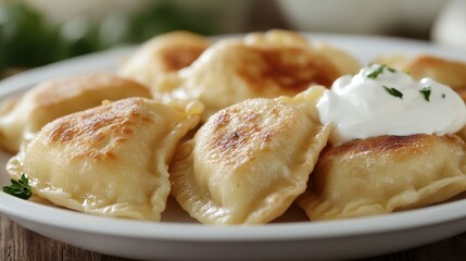 Delicious homemade gluten-free pierogies served on a white plate with creamy sour cream on the side highlighting vibrant culinary artistry