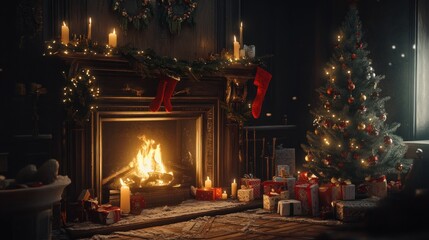 Christmas Fireplace with Tree and Presents