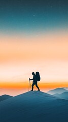 Obraz premium Hiker Silhouette at Sunset for Mountain Peak.
