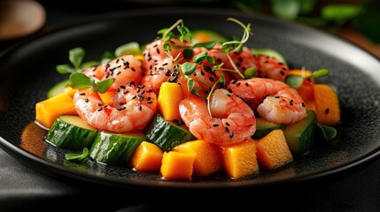 Experience the elegance of gourmet shrimp salad with ripe mango and creamy avocado in a luxurious dining setting