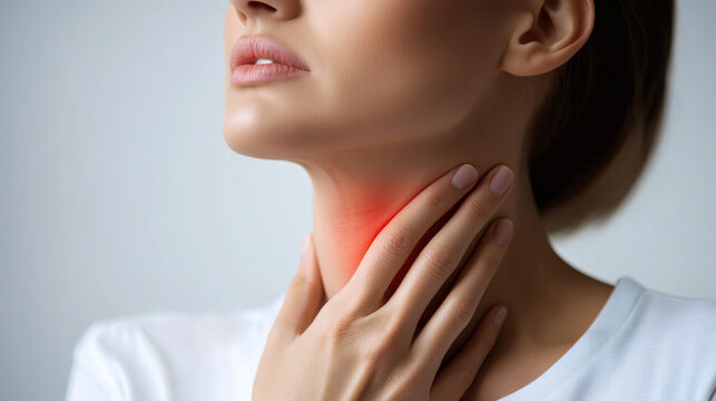 Woman Holding Sore Throat with Redness Indicating Pain Medical Issue in Healthcare Concept on White Background