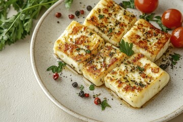 Grilled halloumi cheese appetizer with cherry tomatoes, herbs, and pepper served on plate. Culinary delight.