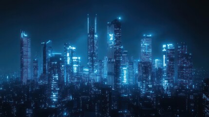 Futuristic Night City Skyline, Aerial View, Digital Art, Stock Photo
