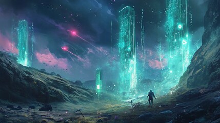 Futuristic landscape with glowing towers and a figure in silhouette under a night sky