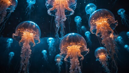 Naklejka premium A floating jellyfish cathedral, its translucent domes illuminated by ethereal blue light.