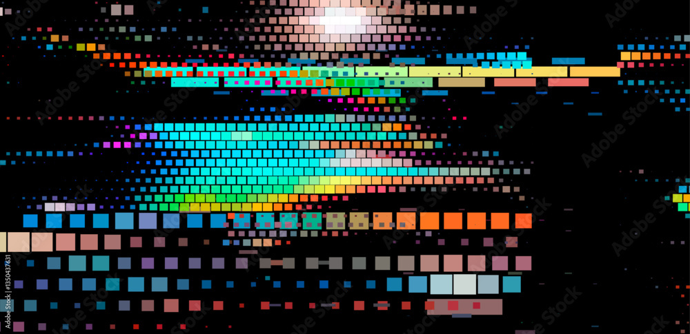 Aufkleber Abstract digital artwork with vibrant, multicolored glitchy squares on a black background. The pattern creates a dynamic and pixelated effect, emphasizing a modern and tech-inspired aesthetic.
