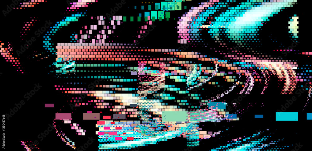 Fototapete abstract digital artwork with vibrant, multicolored glitchy squares on a black background. the patte
