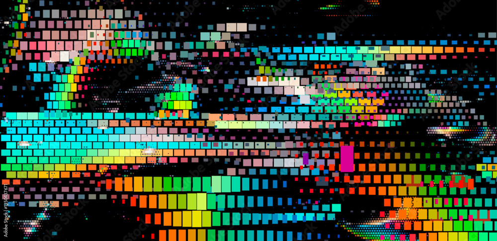 Aufkleber Abstract digital artwork with vibrant, multicolored glitchy squares on a black background. The pattern creates a dynamic and pixelated effect, emphasizing a modern and tech-inspired aesthetic.
