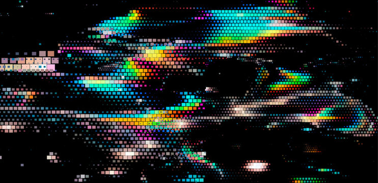 Abstract digital artwork with vibrant, multicolored glitchy squares on a black background. The pattern creates a dynamic and pixelated effect, emphasizing a modern and tech-inspired aesthetic.
